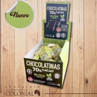 COLONIAL, Chocolatinas 70% con STEVIA, 50u de 50g, SIN TACC