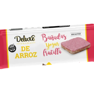 DELUXE, GALLETAS de arroz BAÑADAS en yogurt de Frutilla, SIN TACC
