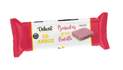 DELUXE, GALLETAS de arroz BAÑADAS en yogurt de Frutilla, SIN TACC