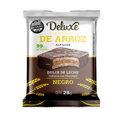 DELUXE, ALFAJORES de arroz con DULCE DE LECHE y baño de chocolate negro, 12u