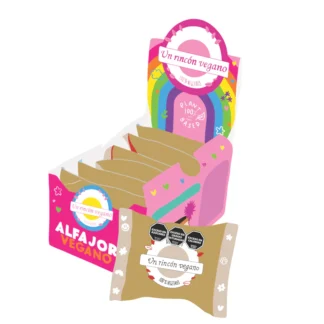 UN RINCON VEGANO, alfajor con relleno de dulce de leche y baño de chocolate negro, 6u.