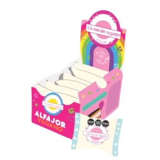 UN RINCON VEGANO, alfajor con crema sabor coco y baño de chocolate negro, 6u.